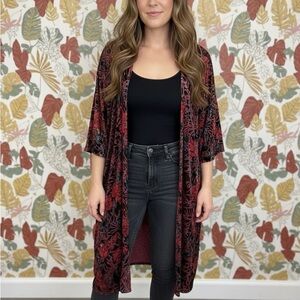 Elegant Velvet Floral Cardigan - Red and Black